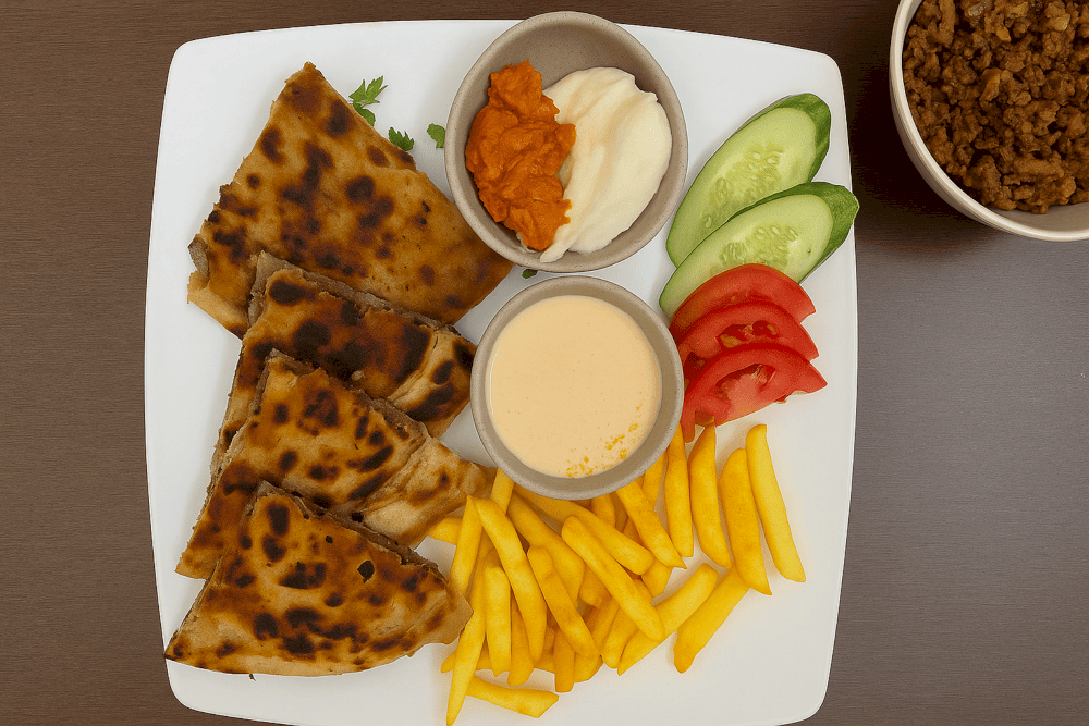 A plate of Hawawshi filled bread with French fries, and other sides from Yalla Kebab & Grill